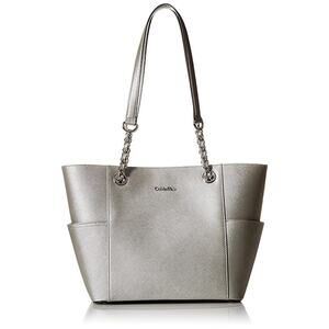 Women's Calvin Klein Chain Saffiano Leather Tote Size 16"L x 4.5"W x 10"H - Silv
